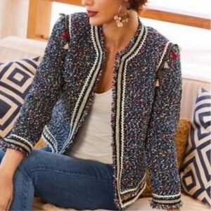 Lea & Viola Women’s Black, Multi-Colored Chunky Woven Tweed Jacket‎ w/ Tassels L